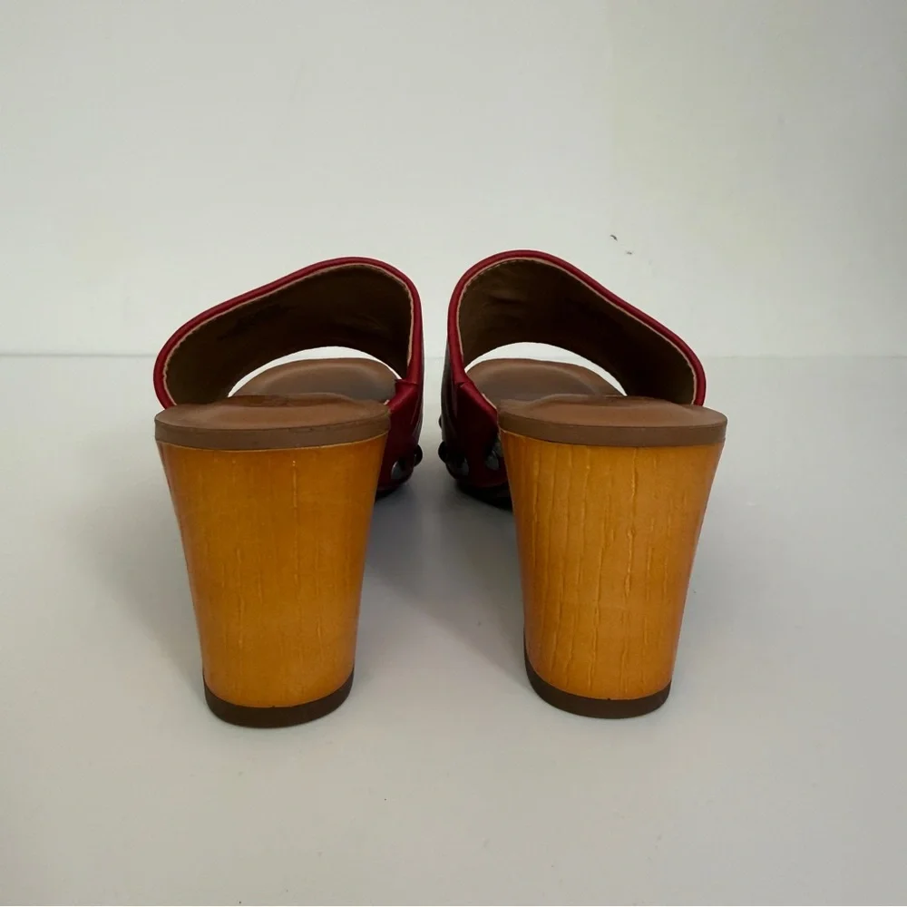 Lucky Brand Red Leather Studded Clog Slide Sandals Womens 5.5 / EU 36 Wood Heel - Picture 3 of 8